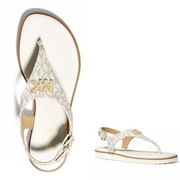 New! MICHAEL KORS Women's MK Logo Jilly T-Strap Sandals Shoes Open-Toe Vanilla 7 - Picture 1 of 9